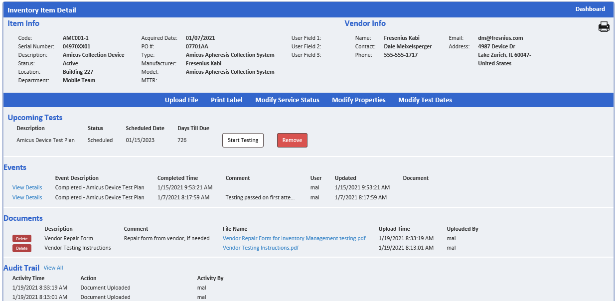 Equipment and Supply Management dashboard