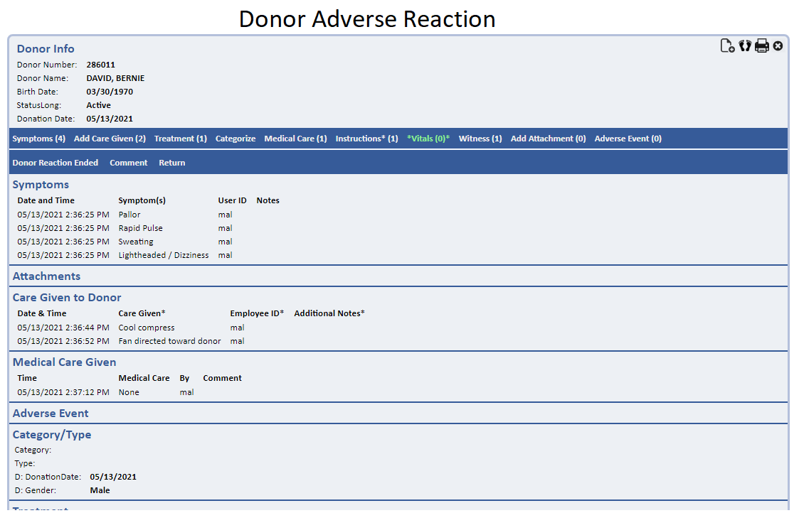 Donor adverse reaction entry screen